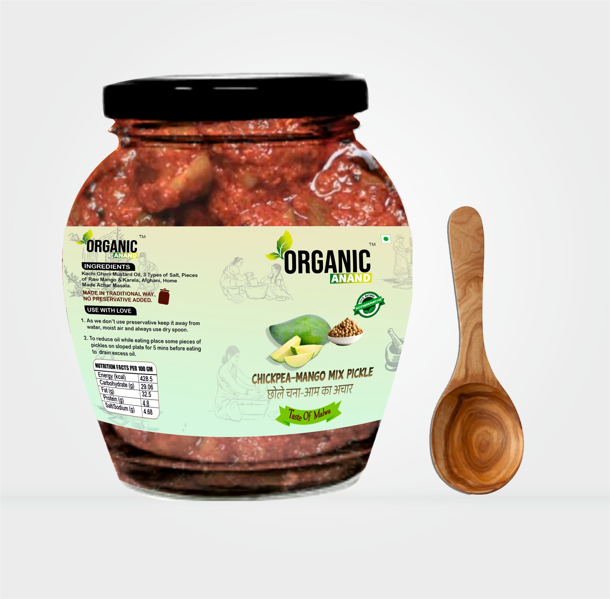 Organic Anand Homemade Chickpea Mango Mix Pickles 350gram Traditional Chana/Chhole Aam ka Achar with Neemwood Spoon Flavourful Delicious Tastemwood Spoon (350gm-Pack of 1)