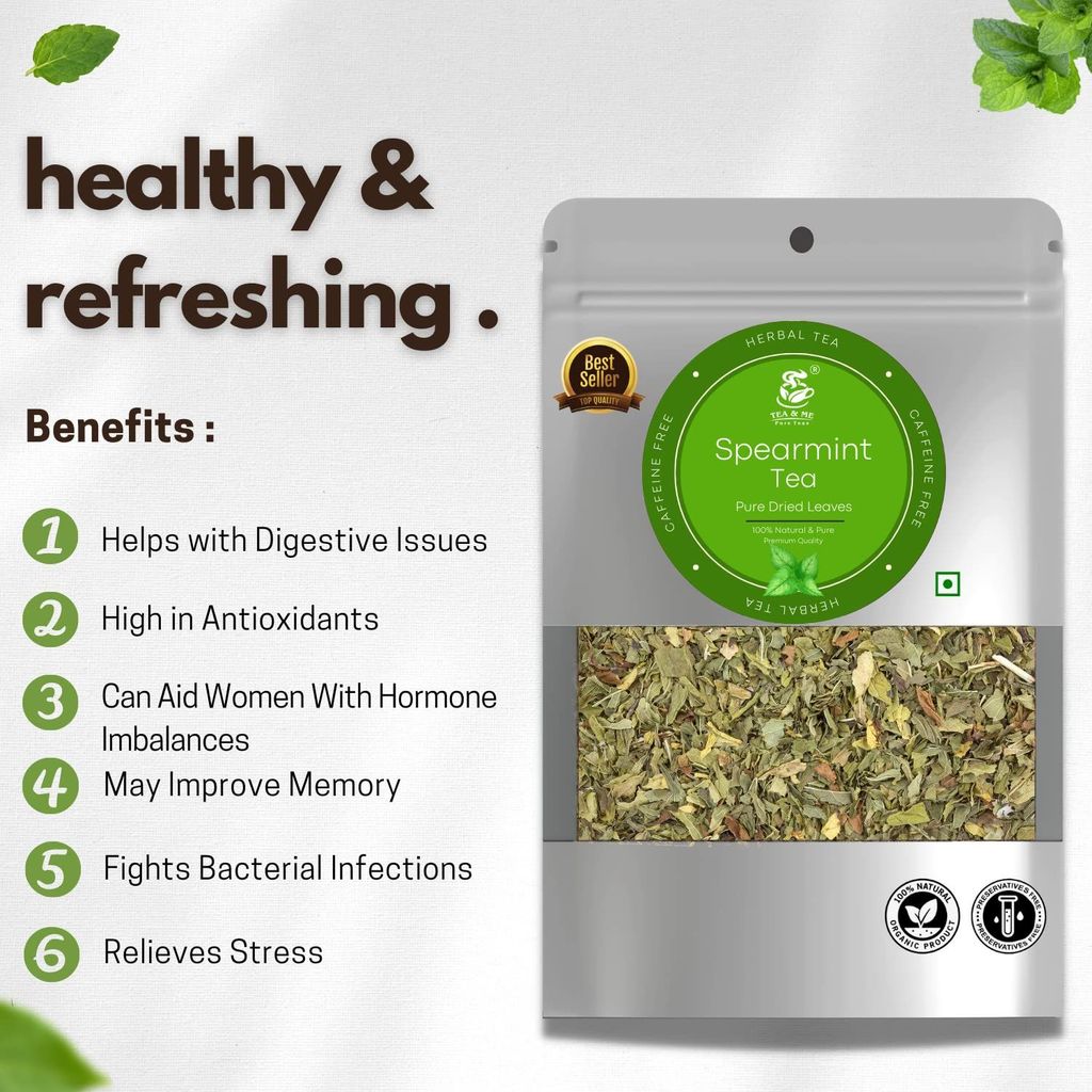 TEA & ME Organics Spearmint Herbal Tea Loose Leaf | Pure Spearmint Tea for PCOS, PCOD | Spearmint Tea Leaves | Helps Cure Hormonal Imbalance, Unwanted Facial Hair, Acne - 50 Gm