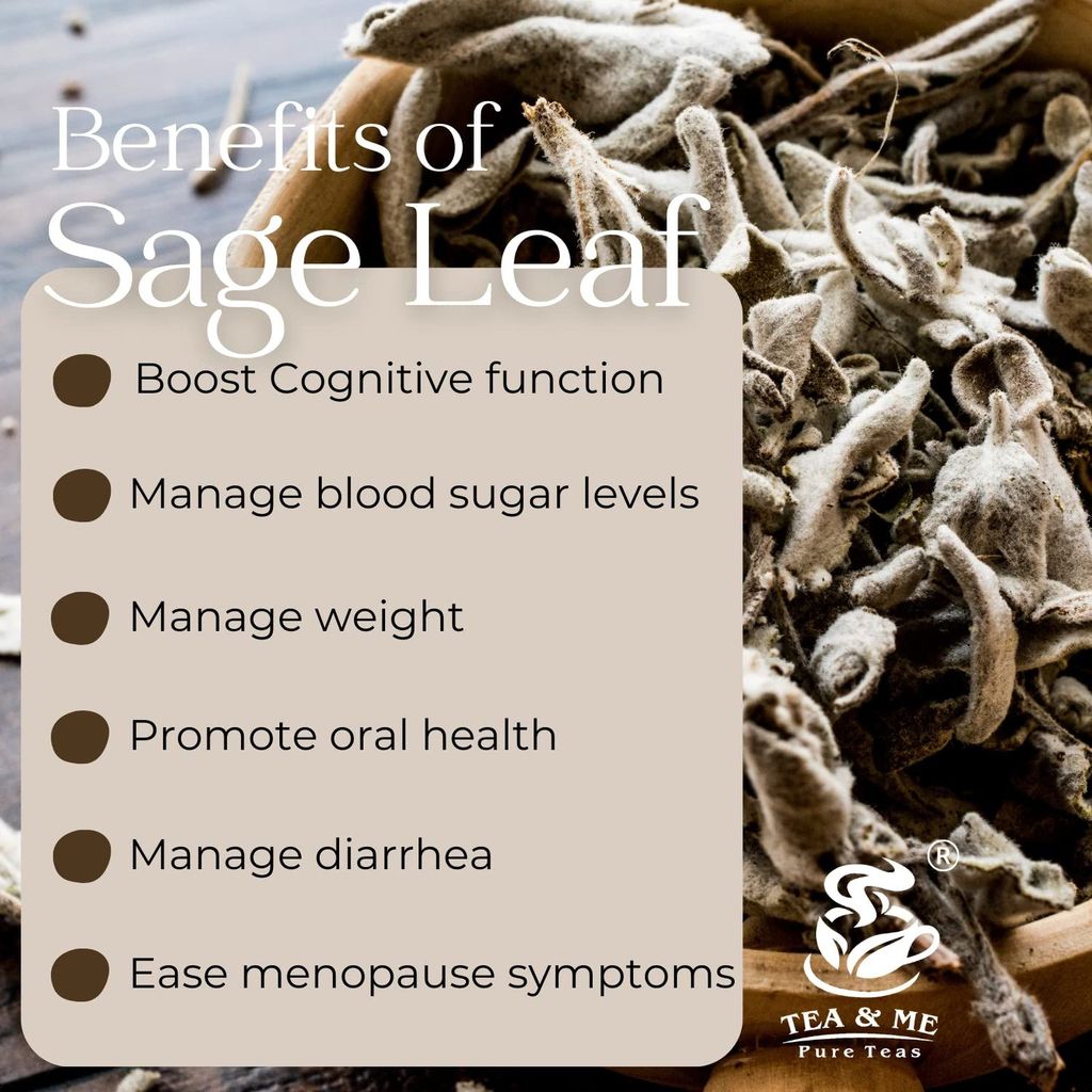TEA & ME Dried Sage Leaves for Tea | Smudge Smudging, Energy, Reiki, Energy Block Removal | Blood Sugar Support, Nutrient-Rich, Antioxidant-Packed - 50g