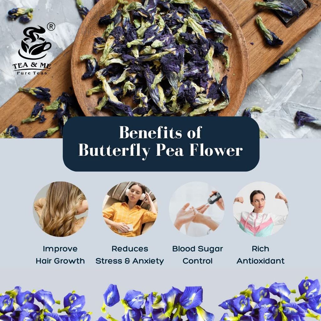 TEA & ME Butterfly Pea Flower Tea/Premium Blue Tea/Aparajita ke phool Flower/Petals/Hot Tea, Natural Blue Iced Tea, Mocktails, Relieves Stress/Ayurvedic Shankhpushpi Tea/Tea Blends