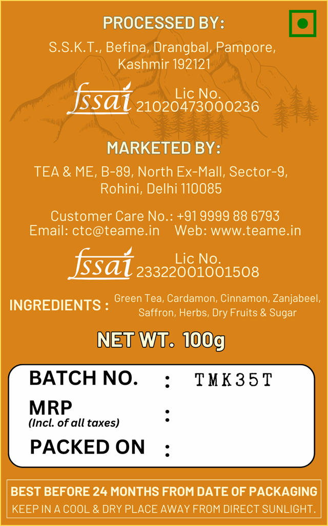 TEA & ME Kashmiri Kahwa, Kashmiri Saffron Kahwa Tea, Kashmiri kesar Kahwa, 100% Authentic Kashmiri Shahi Qawah from Kashmir Pampore, Kashmiri Kahwa Green Tea with Elaichi, Saffron, Clove, Almonds