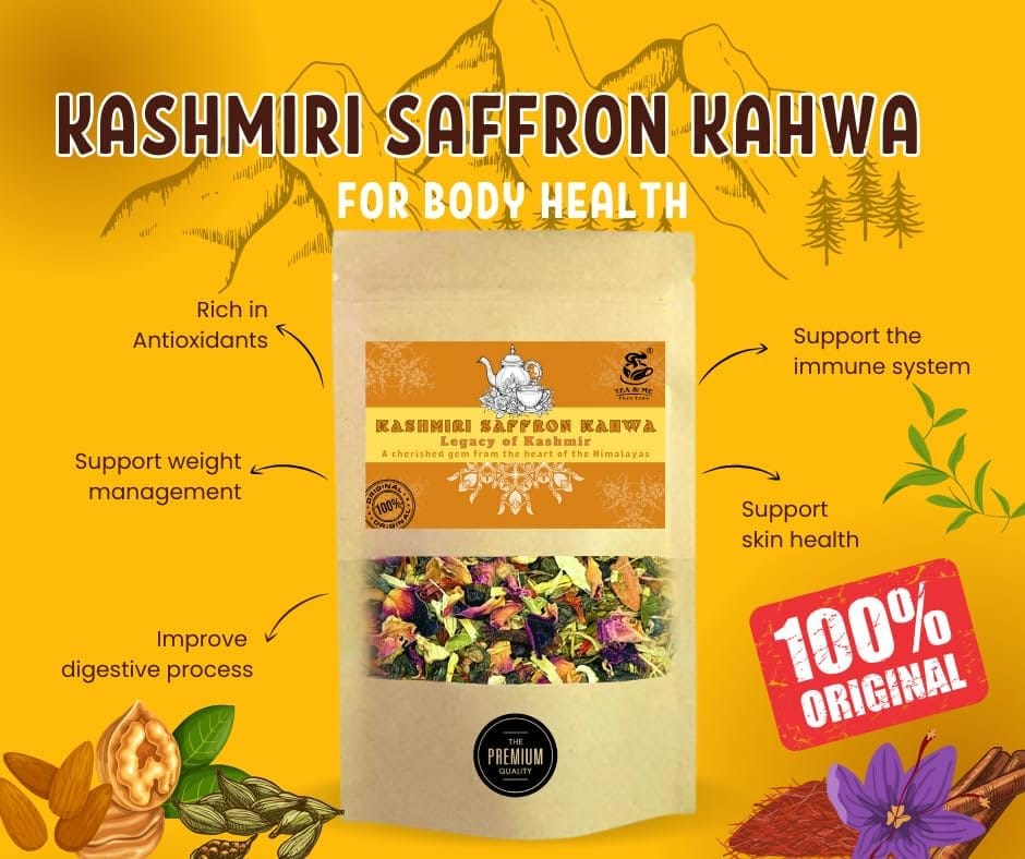 TEA & ME Kashmiri Kahwa, Kashmiri Saffron Kahwa Tea, Kashmiri kesar Kahwa, 100% Authentic Kashmiri Shahi Qawah from Kashmir Pampore, Kashmiri Kahwa Green Tea with Elaichi, Saffron, Clove, Almonds