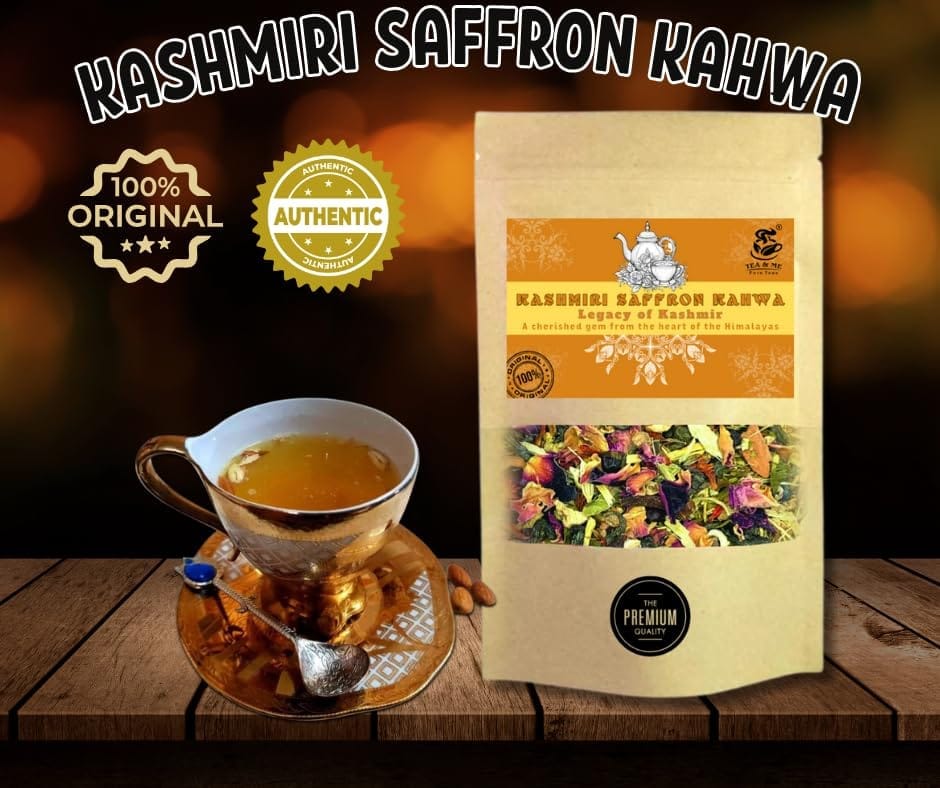 TEA & ME Kashmiri Kahwa, Kashmiri Saffron Kahwa Tea, Kashmiri kesar Kahwa, 100% Authentic Kashmiri Shahi Qawah from Kashmir Pampore, Kashmiri Kahwa Green Tea with Elaichi, Saffron, Clove, Almonds