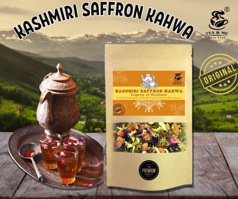 TEA & ME Kashmiri Kahwa, Kashmiri Saffron Kahwa Tea, Kashmiri kesar Kahwa, 100% Authentic Kashmiri Shahi Qawah from Kashmir Pampore, Kashmiri Kahwa Green Tea with Elaichi, Saffron, Clove, Almonds