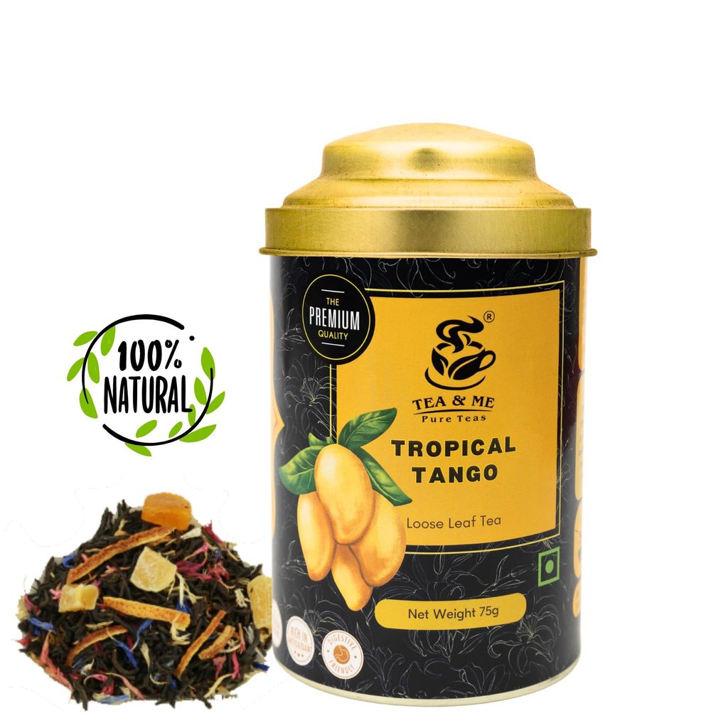 Tea & Me Mango Black Loose Leaf Tea | Natural Flavour Mango, Pineapple, Passionfruit with Whole Leaf Tea | 100% Natural Ingredient | Iced Tea and Hot Tea