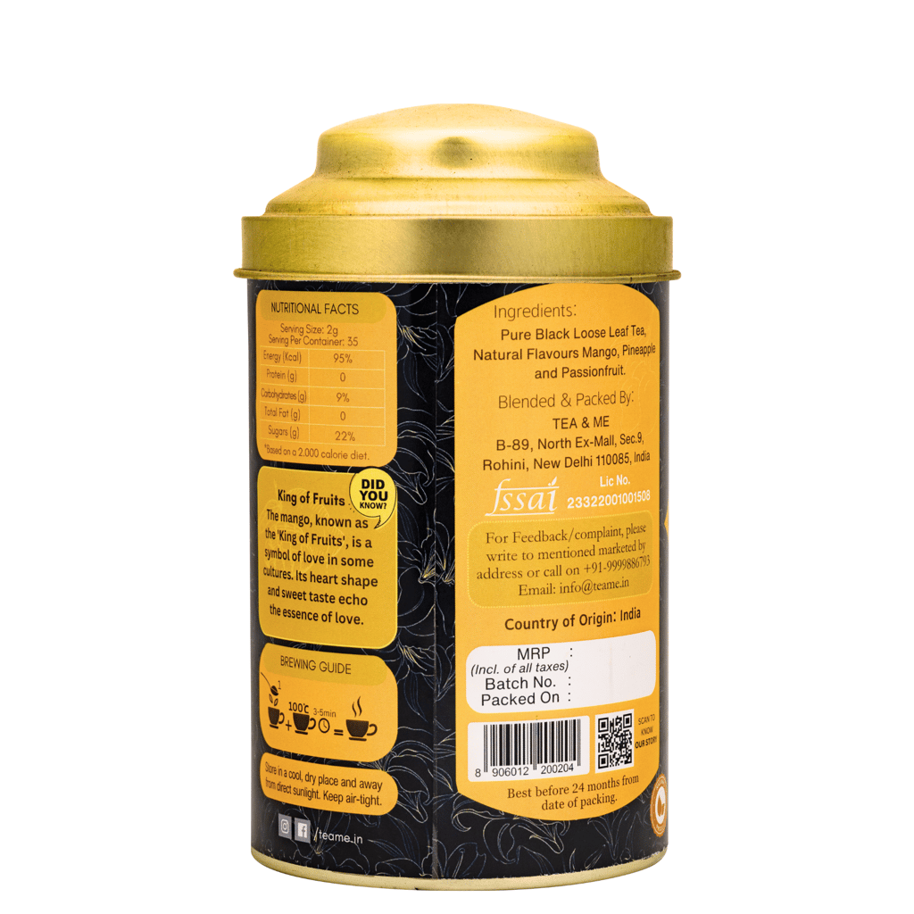 Tea & Me Mango Black Loose Leaf Tea | Natural Flavour Mango, Pineapple, Passionfruit with Whole Leaf Tea | 100% Natural Ingredient | Iced Tea and Hot Tea
