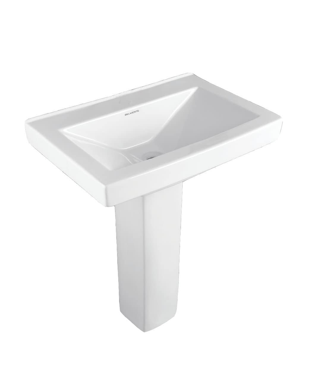 Belmonte Ceramic Large Glossy Wash Basin LCD with Pedestal, Stand for Bathroom (White, 26 x 18 Inch)