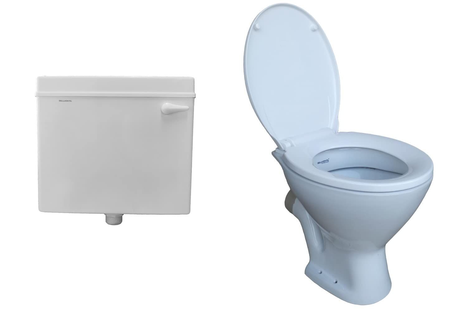 Belmonte Ceramic Floor Mounted Two-Piece Western Toilet/Commode/EWC P Trap with Slow Motion/Soft Close Seat Cover and Plastic Flush Tank Set
