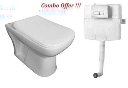 Belmonte Combo of Western Commode/Toilet/EWC Square S Trap for Bathroom with Slim Soft Close Seat Cover and 80mm Thick Dual Flush Concealed Cistern/Flush Tank with Push Flush Plate
