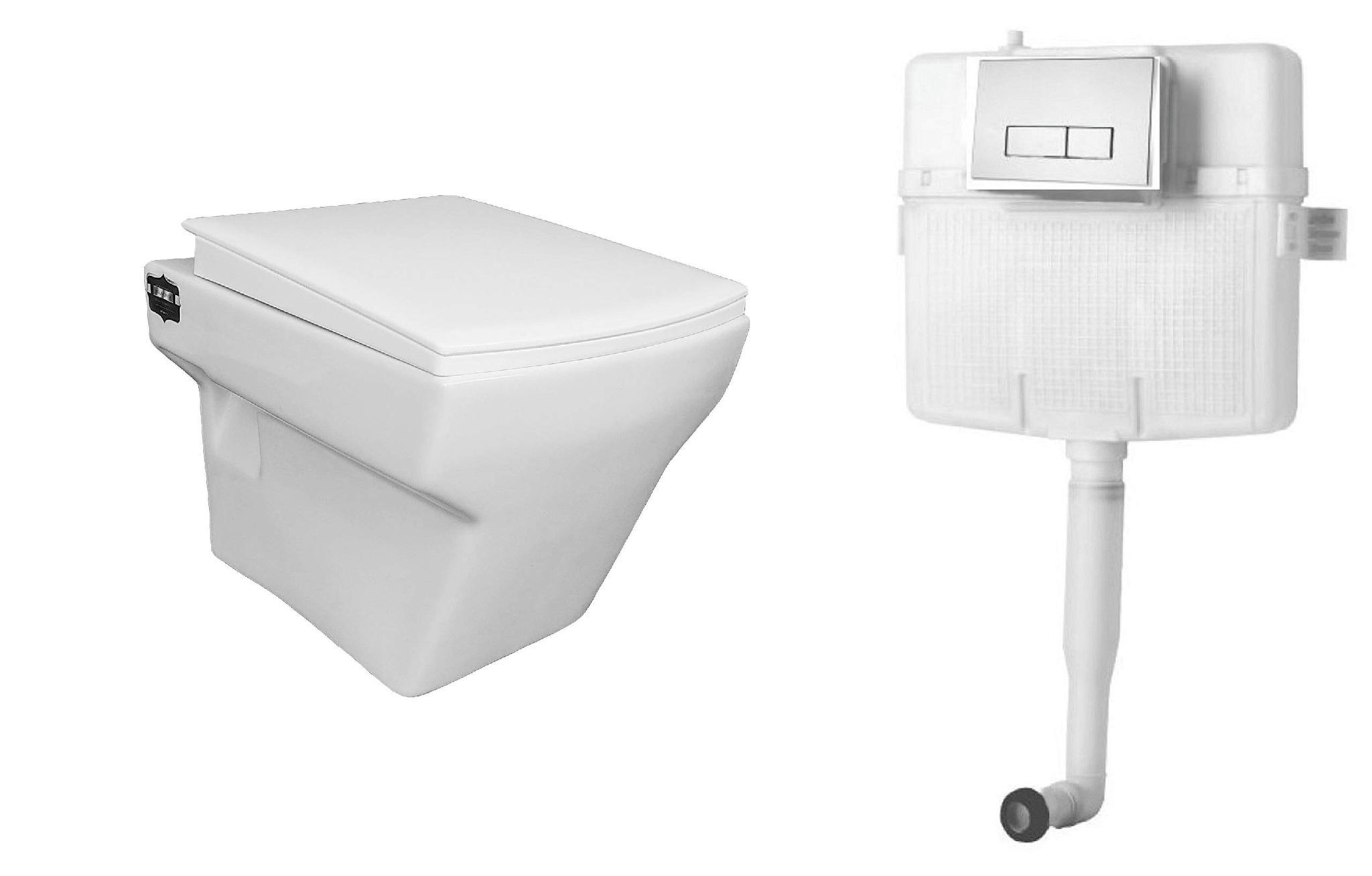 Belmonte Combo of Wall Mounted/Wall Hung Western Toilet/Commode/EWC Square with Soft Close Slim Seat Cover and 80mm Thick Dual Flush Concealed Cistern/Flush Tank with Push Flush Plate
