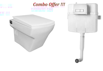 Belmonte Combo of Wall Mounted/Wall Hung Western Toilet/Commode/EWC Square with Soft Close Slim Seat Cover and 80mm Thick Dual Flush Concealed Cistern/Flush Tank with Push Flush Plate