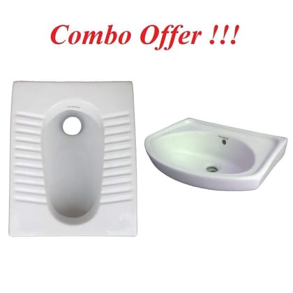 Belmonte Ceramic Combo of Indian Toilet/Commode/Orissa Pan 20 Inch x 16 Inch x 10.5 Inch with Wall Mounted/Wall Hung Wash Basin 402 18 Inch x 12 Inch for Bathroom/Washroom