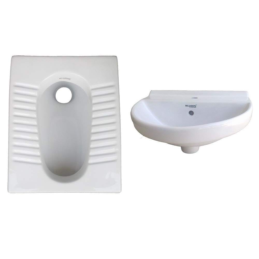 Belmonte Ceramic Combo of Indian Toilet/Commode/Orissa Pan 20 Inch x 16 Inch x 10.5 Inch with Wall Mounted/Wall Hung Wash Basin Jonca 18 Inch x 13 Inch for Bathroom/Washroom