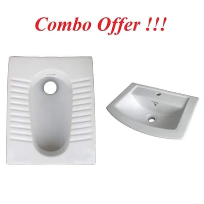 Belmonte Ceramic Combo of Indian Toilet/Commode/Orissa Pan 20 Inch x 16 Inch x 10.5 Inch with Wall Mounted/Wall Hung Wash Basin Lily 18 Inch x 13 Inch for Bathroom/Washroom