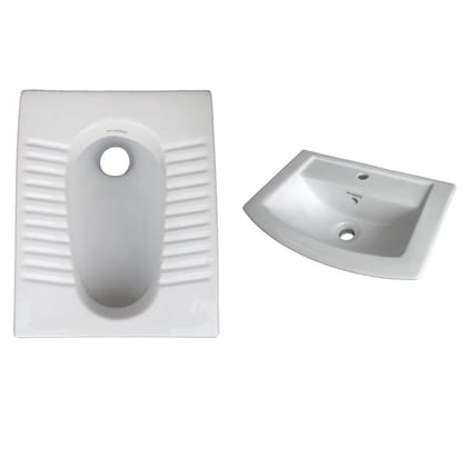 Belmonte Ceramic Combo of Indian Toilet/Commode/Orissa Pan 20 Inch x 16 Inch x 10.5 Inch with Wall Mounted/Wall Hung Wash Basin Lily 18 Inch x 13 Inch for Bathroom/Washroom
