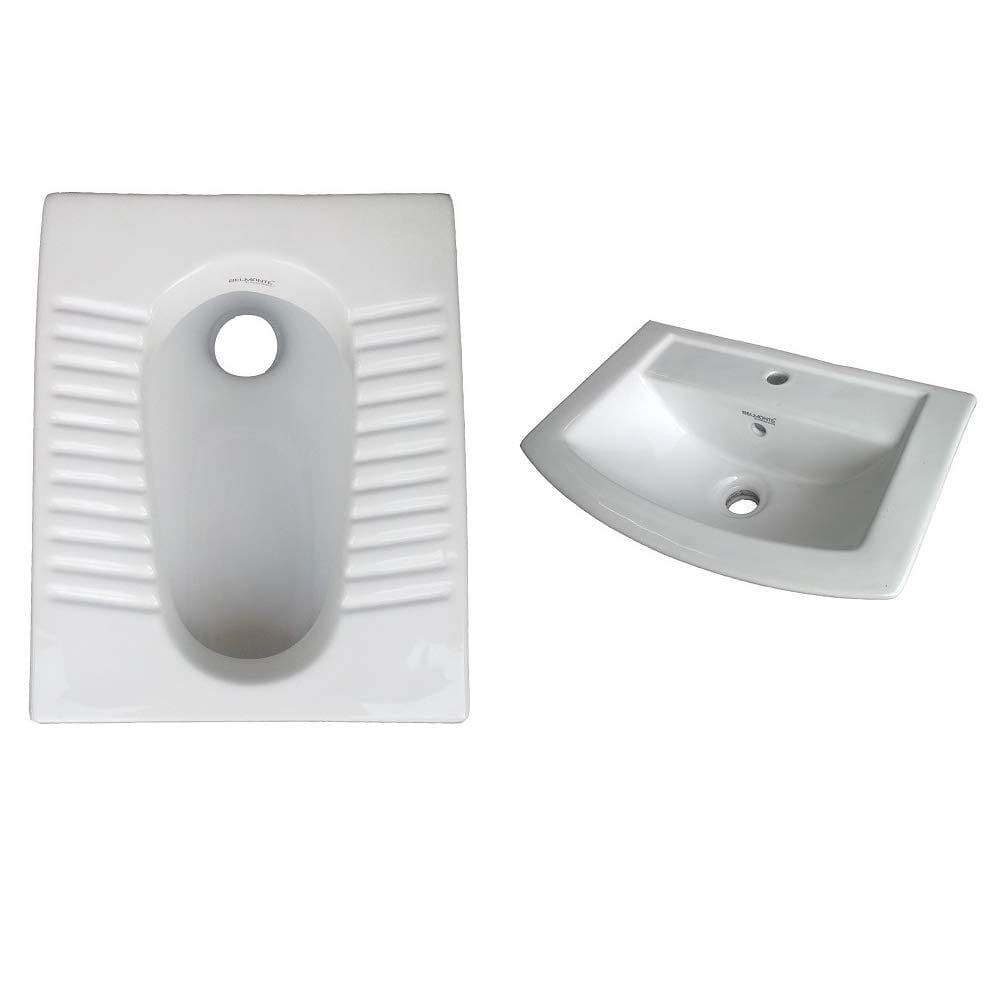 Belmonte Ceramic Combo of Indian Toilet/Commode/Orissa Pan 20 Inch x 16 Inch x 10.5 Inch with Wall Mounted/Wall Hung Wash Basin Lily 18 Inch x 13 Inch for Bathroom/Washroom
