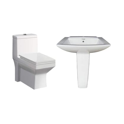 Belmonte Combo of Ceramic Floor Mounted One Piece Western Toilet/Commode/Water Closet/EWC Ripone S Trap 230mm/9 Inch with Stand/Pedestal Wash Basin Altis 23 Inch x 17 Inch for Washroom