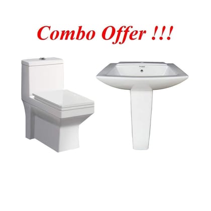 Belmonte Combo of Ceramic Floor Mounted One Piece Western Toilet/Commode/Water Closet/EWC Ripone S Trap 230mm/9 Inch with Stand/Pedestal Wash Basin Altis 23 Inch x 17 Inch for Washroom