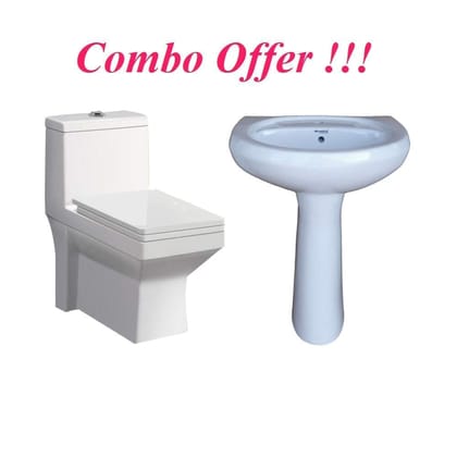 Belmonte Ceramic Combo of Floor Mounted One Piece Western Toilet/Water Closet/Commode/EWC Ripone S Trap 230mm / 9 Inch with Pedestal/Stand Wash Basin Cera 22 Inch x 16 Inch
