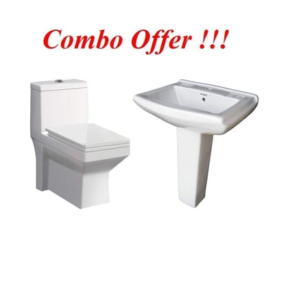 Belmonte Combo of Ceramic Floor Mounted One Piece Western Toilet/Commode/Water Closet/EWC Ripone S Trap 230mm/9 Inch with Stand/Pedestal Wash Basin Sofia 23 Inch x 18 Inch for Washroom