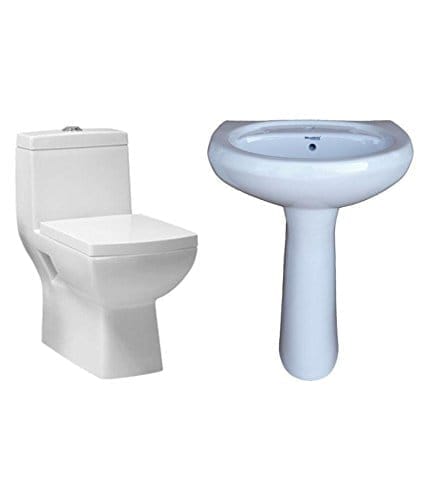 Belmonte Ceramic One Piece Water Closet Western Commode Square Outlet Location Floor Side Bottom S Trap Distance 225mm 9 Inch with Cera Pedestal Wash Basin - White