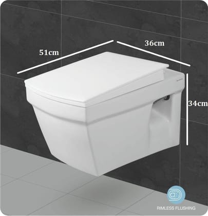 Belmonte Ceramic Wall Hung Rimless Western Toilet/Commode/Water Closet/WC Crenza with Soft Close Slim Seat Cover 51cm x 36cm x 34cm - White