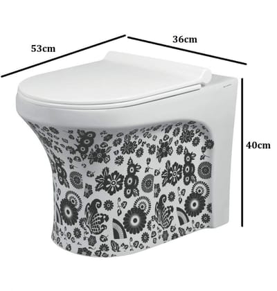 Belmonte Ceramic Designer Western Toilet Commode/Floor Mounted European Water Closet/EWC Retro S Trap 100mm / 4 Inch with Slow Motion/Soft Close Slim Seat Cover 53cm x 36cm x 40cm Printed White