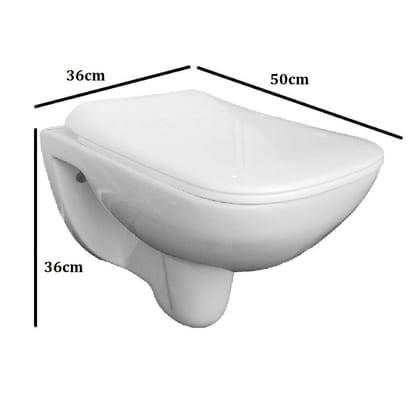 Belmonte Ceramic Wall Mounted Rimless Western Toilet/Commode/Water Closet/EWC New Cera with Slow Motion/Soft Close Slim Seat Cover 50cm x 36cm x 36cm - White