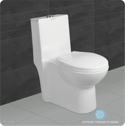 Belmonte Ceramic Floor Mounted Rimless One Piece Western Toilet/Commode/Water Closet/EWC Retro S Trap 300mm / 12 Inch with Syphonic Tornado Flushing Western Commode - White