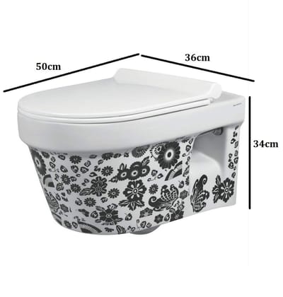 Belmonte Ceramic Wall Mounted Rimfree/Rimless Designer Western Commode Toilet/Water Closet/EWC Retro 50cm x 36cm x 34cm - Printed White