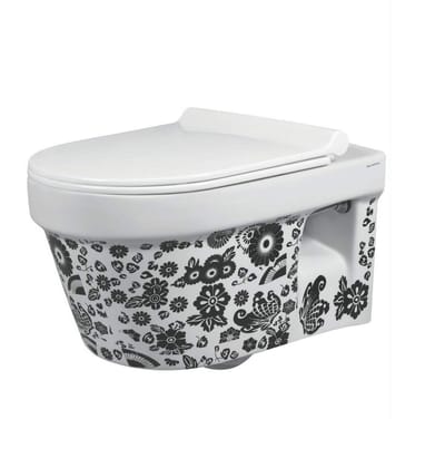 Belmonte Ceramic Wall Mounted Rimfree/Rimless Designer Western Commode Toilet/Water Closet/EWC Retro 50cm x 36cm x 34cm - Printed White