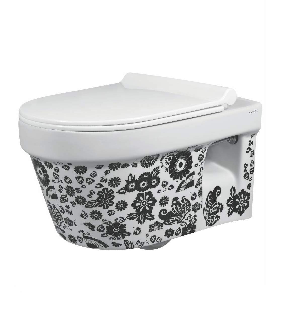 Belmonte Ceramic Wall Mounted Rimfree/Rimless Designer Western Commode Toilet/Water Closet/EWC Retro 50cm x 36cm x 34cm - Printed White