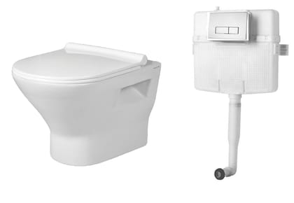 Belmonte Combo of Rimfree/Rimless Wall Mounted/Wall Hung Western Toilet/Commode/EWC Sanitee with Soft Close Slim Seat Cover and 80mm Thick Dual Flush Concealed Cistern with Flush Plate