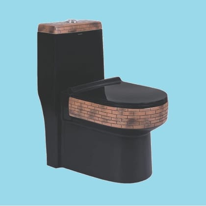 Vardhman Ceramics One Piece Designer Western Commode Water Closet Floor Mounted S Trap Outlet on Floor Glossy Finish Black with Bricks Design EWC for Toilet Bathroom Washroom 806 Bricks Black