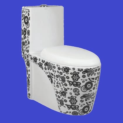 Vardhman Ceramics Designer One Piece Western Toilet Commode EWC - Glossy Finish, Multi Color-White/Black, Floor Mount
