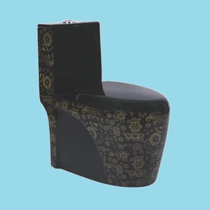 Vardhman Ceramics One Piece Western Commode Designer Water Closet Floor Mounted S Trap Outlet on Floor Printed Black Glossy Finish EWC for Toilet Bathroom Washroom 813 Printed Black