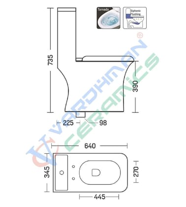 Vardhman Ceramics Siphonic Water Closet One Piece Western Commode Tornado Flushing Floor Mounted S Trap Outlet on Floor Glossy Finish White EWC for Toilet Bathroom Washroom Crenza Siphonic White