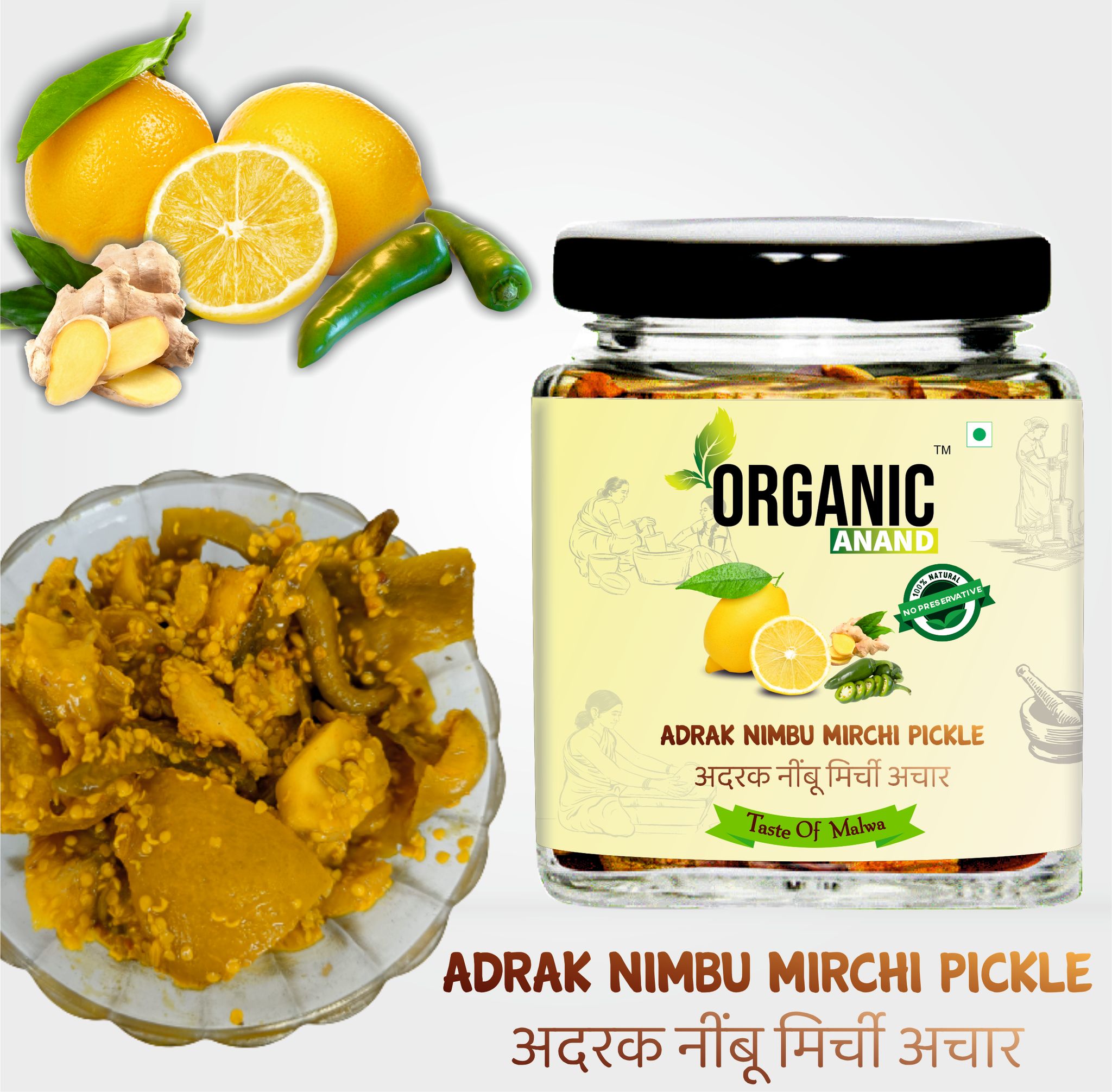 Organic Anand Homemade Ginger Lemon Green Chilli Mix Pickles 500 gram Khatta Mix Ghar ka Achaar with Neemwood Spoon Flavourful, Delicious, Traditional Taste