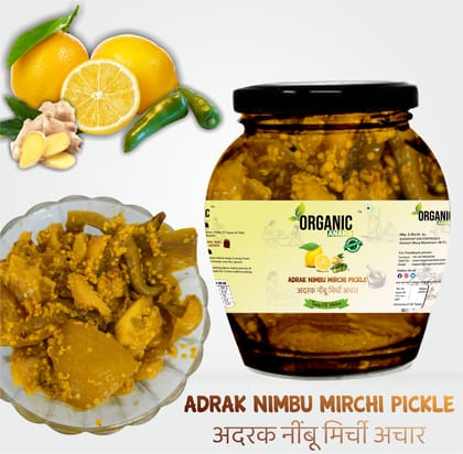 Organic Anand Homemade Ginger Lemon Green Chilli Mix Pickles 350gram Khatta Mix Ghar ka Achaar with Neemwood Spoon Flavourful, Delicious, Traditional Taste