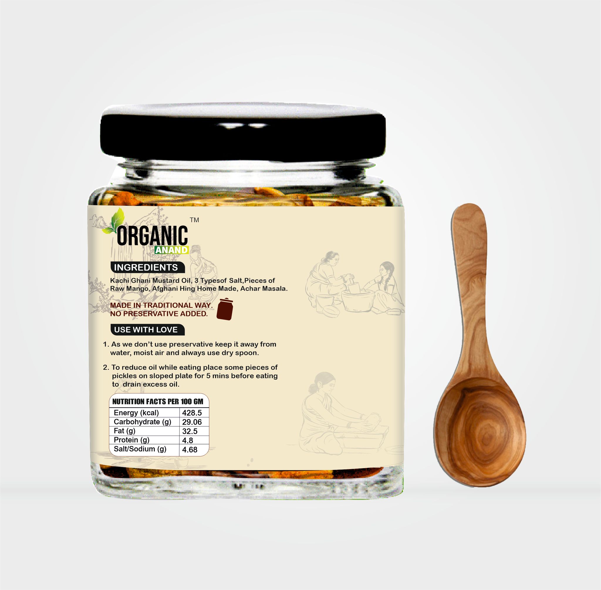 Organic Anand Pure & Natural Less Sweet Mango Pickle (Mitha Aam ka achar) Jaggery Mango Pickle,Homemade Mango Achar with Neemwood Spoon(250gm-Pack of 1) No Artificial Preservatives & Colors