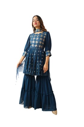 FASHION QUEEN Women Poly Georgette Blue Floral Embroidered Empire Sequinned Anarkali Shape Three Quarter Sleeves Above Knee Length Round Neck Kurta with Sharara & Dupatta (V_222)