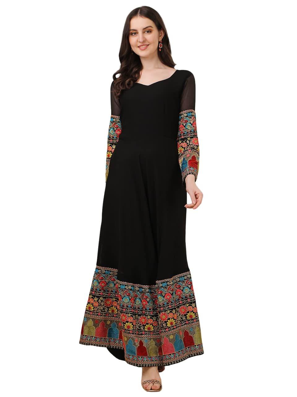 FASHION QUEEN Women s Western Long Gown with Georgette Multi Embroidery Work Long Sleeve Full Flair Floor