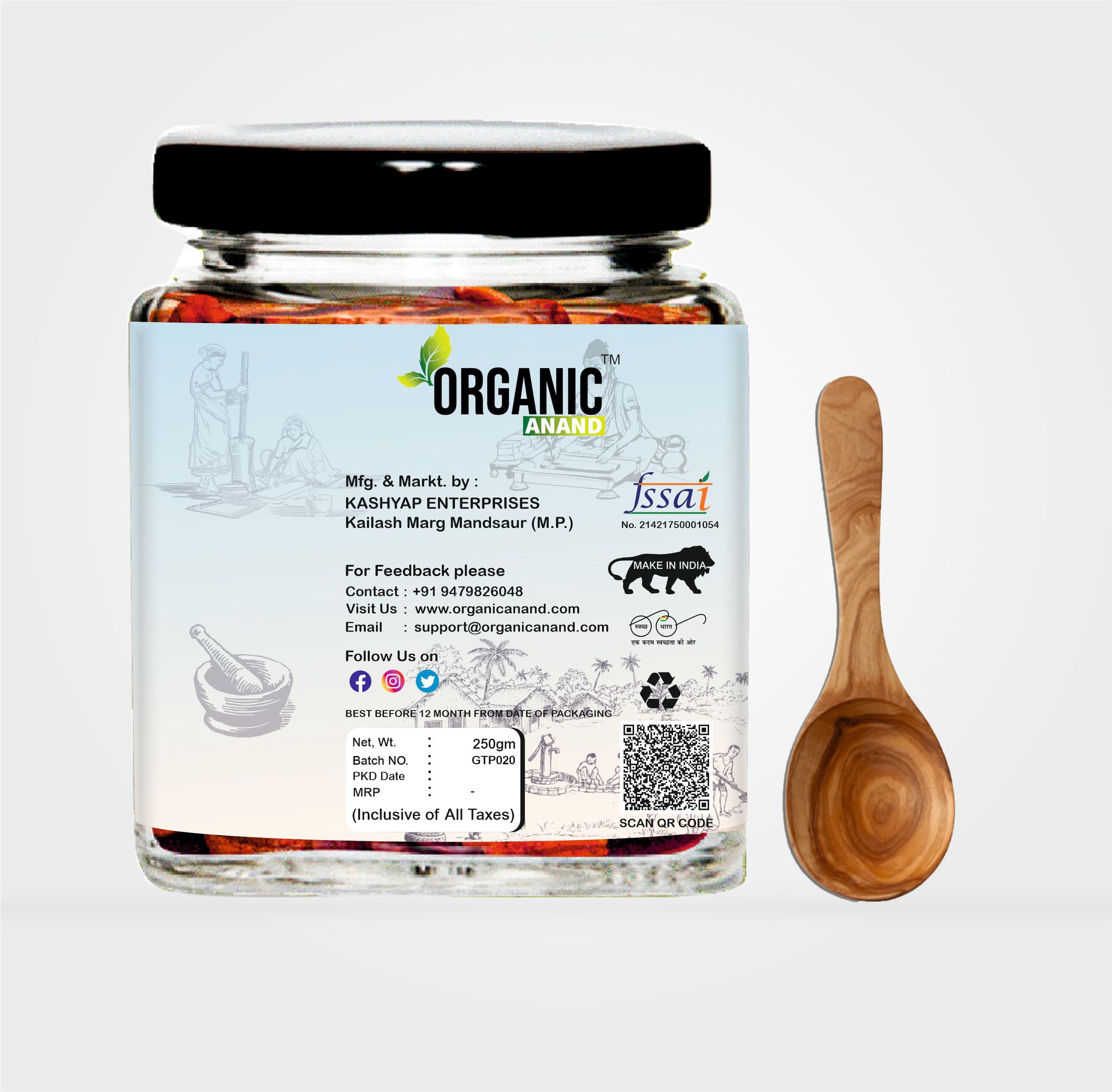 Organic Anand Homemade Garlic Turmeric Pickle 250 gm Kachi Haldi and Lahsoon/Lassan/Lahsun Ka Achaar with Neemwood Spoon Flavourful, Delicious, Traditional Taste (Pack of 1)