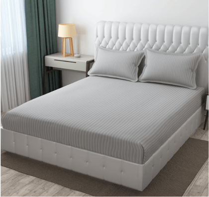 ZAYVA HOME Satin Striped Bedsheet with Elastic Fitted 1 Double Bedsheet with 2 Pillow Covers (Gray)