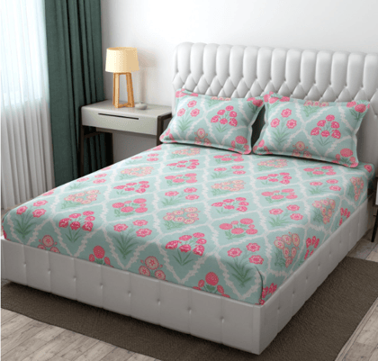 ZAYVA HOME 210 TC Glace Cotton Super King Size Bedsheet for Double Bed with 2 Pillow Covers Size (108x108) (Aqua Blue)