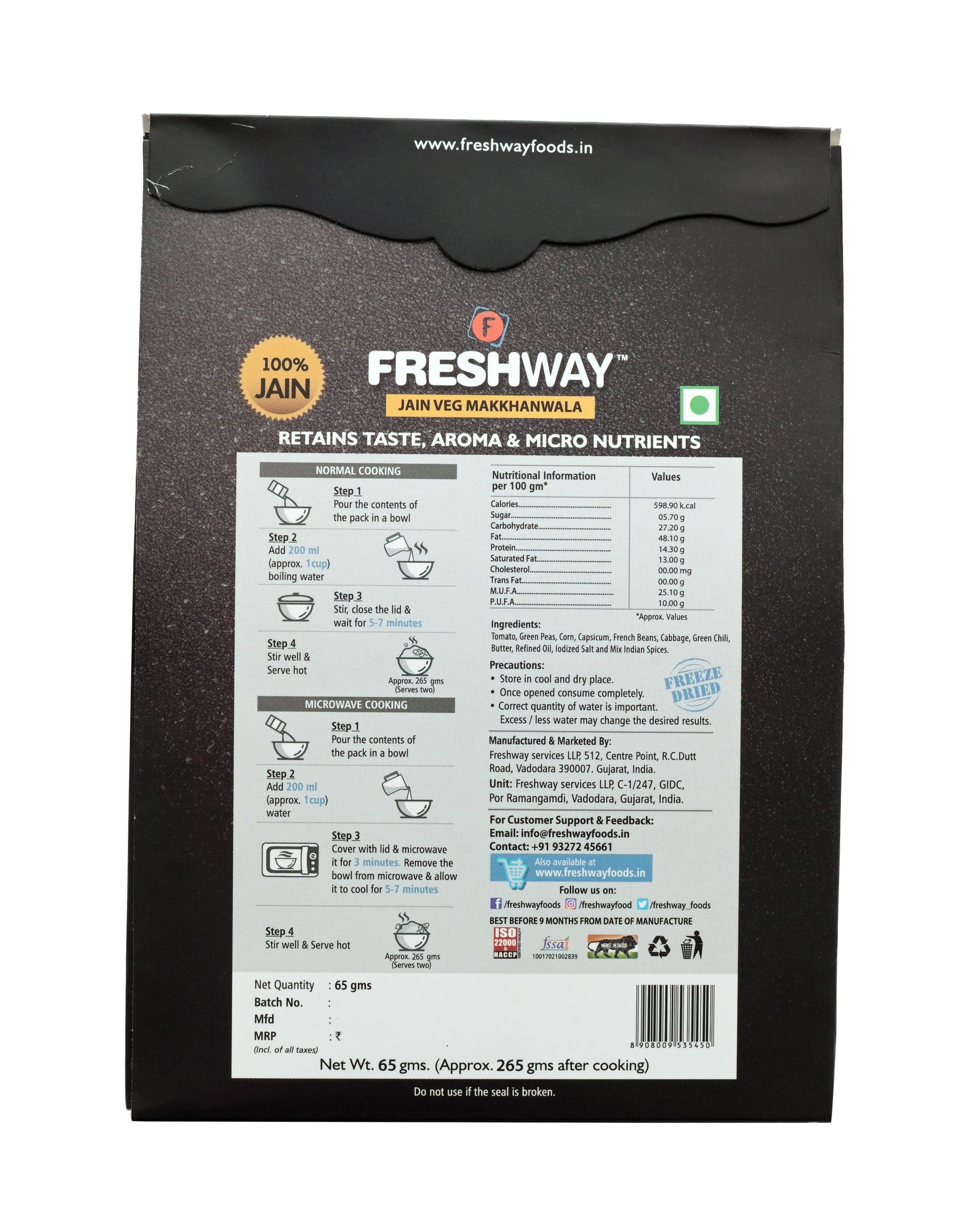Freshway Veg Makkhanwala Ready To Eat Freeze Dried with No Added Preservatives and Colors