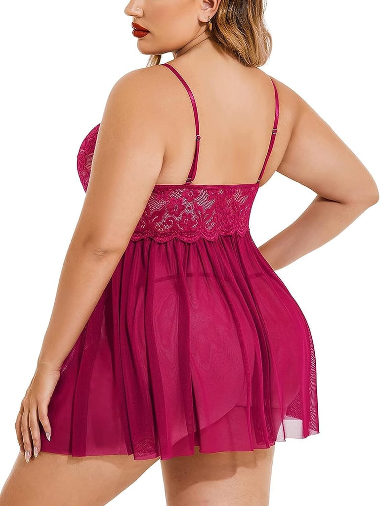 FASHION BONES - Babydoll Honeymoon First Night Dress For Plus Size Women  With G-String Panty Lingerie Wear- Wine Color 1pc | Martpe