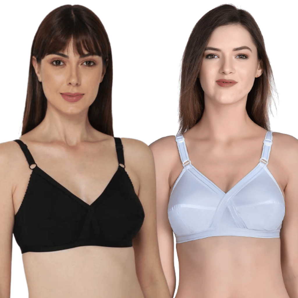 FASHION BONES Women's Cotton Cross Bra for Women and Girls | Full Coverage, Non-Padded | Daily Use Cotton Bra | Black-White (Combo of 2)