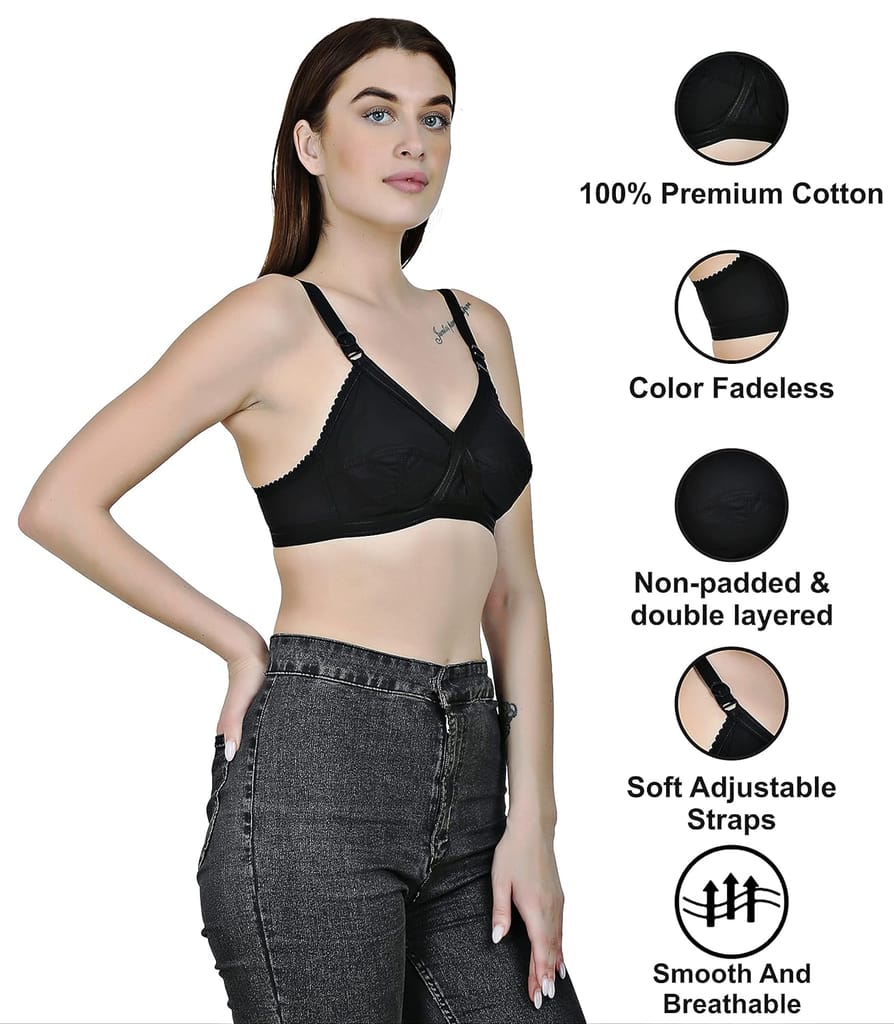 FASHION BONES Women's Cotton Cross Bra for Women and Girls | Full Coverage, Non-Padded | Daily Use Cotton Bra | Beige-White-Black (Combo of 3)
