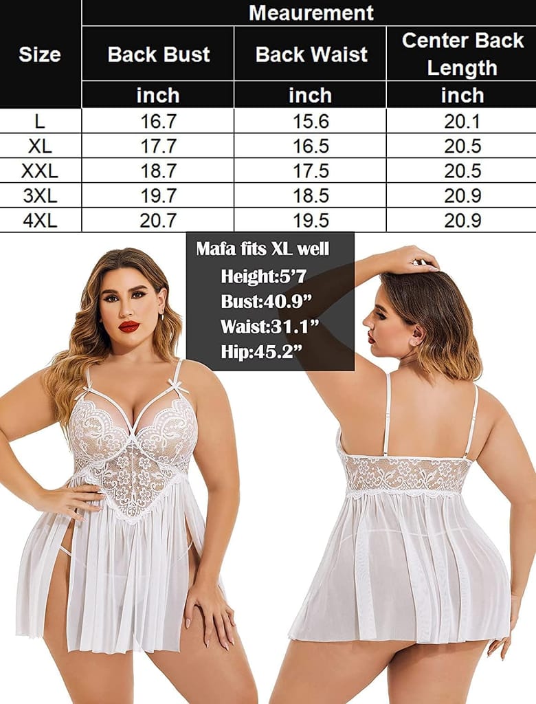 FASHION BONES Lace Babydoll Womens Strap Plus Size Chemise Nightgown V Neck Nighty Mesh Sleepwear Side Slit Nightdress Lingerie